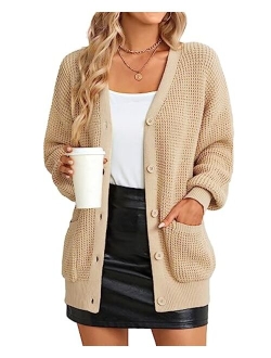 QUALFORT Women's Cardigan Sweater 100% Cotton Button-Down Long Sleeve Oversized Knit Cardigans