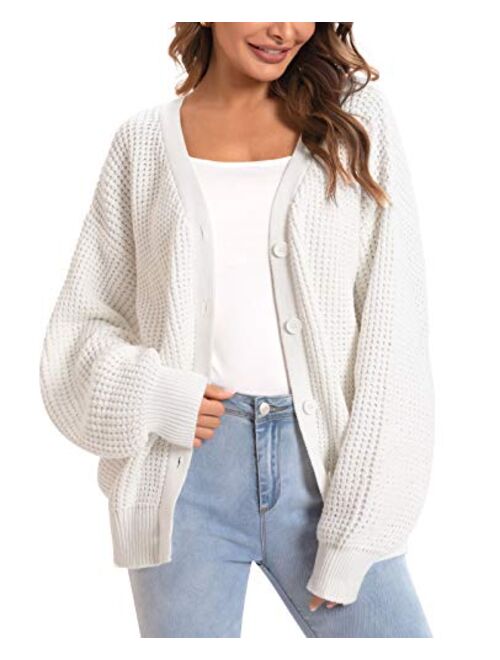 QUALFORT Women's Cardigan Sweater 100% Cotton Button-Down Long Sleeve Oversized Knit Cardigans