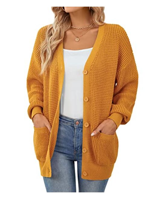 QUALFORT Women's Cardigan Sweater 100% Cotton Button-Down Long Sleeve Oversized Knit Cardigans