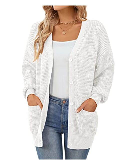 QUALFORT Women's Cardigan Sweater 100% Cotton Button-Down Long Sleeve Oversized Knit Cardigans