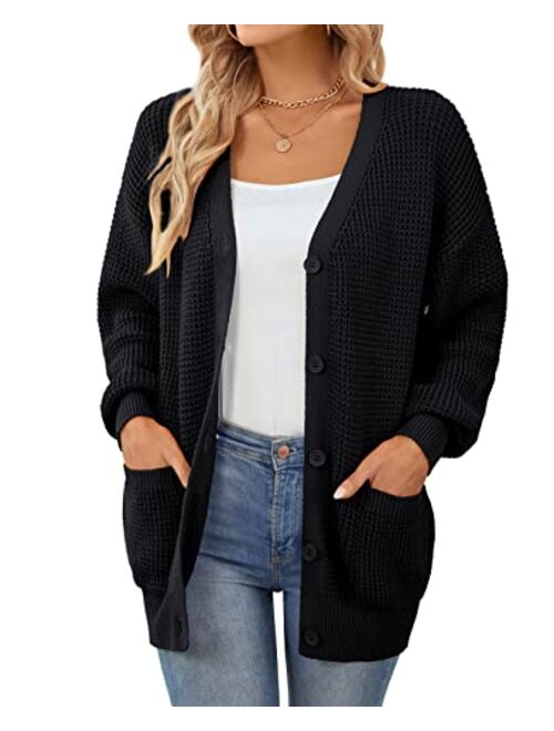 QUALFORT Women's Cardigan Sweater 100% Cotton Button-Down Long Sleeve Oversized Knit Cardigans