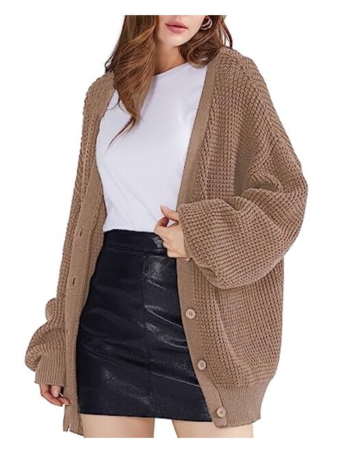 QUALFORT Women's Cardigan Sweater 100% Cotton Button-Down Long Sleeve Oversized Knit Cardigans