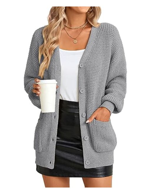 QUALFORT Women's Cardigan Sweater 100% Cotton Button-Down Long Sleeve Oversized Knit Cardigans