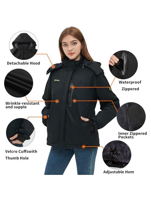 Kugnala Womens Waterproof Winter Jacket Skiing Warm Fleece Snow Coat Hooded Windproof Raincoat S-3XL