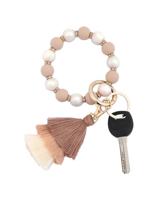 Donouzair Silicone Bead Keychain Bracelet,Key Ring Bracelet Wristlet Keychain for Women with Tassel(Coffee)