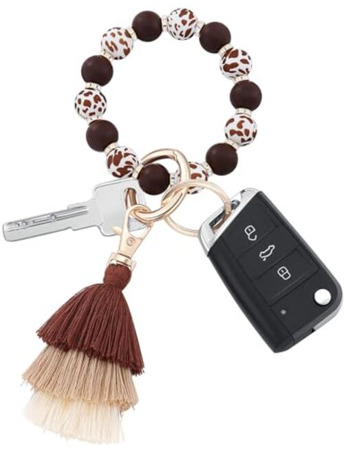 Donouzair Silicone Bead Keychain Bracelet,Key Ring Bracelet Wristlet Keychain for Women with Tassel(Coffee)