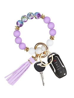 Manlosen Key Ring Bracelet Car Keychain Holder Wristlet Silicone Beaded Bangle Chains for Women