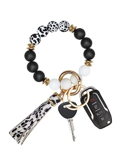 Manlosen Key Ring Bracelet Car Keychain Holder Wristlet Silicone Beaded Bangle Chains for Women