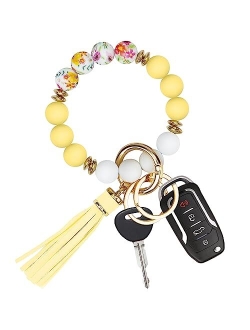 Manlosen Key Ring Bracelet Car Keychain Holder Wristlet Silicone Beaded Bangle Chains for Women