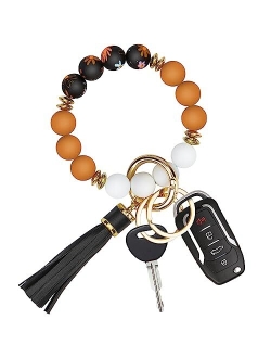 Manlosen Key Ring Bracelet Car Keychain Holder Wristlet Silicone Beaded Bangle Chains for Women