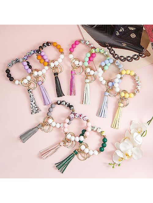 Manlosen Key Ring Bracelet Car Keychain Holder Wristlet Silicone Beaded Bangle Chains for Women