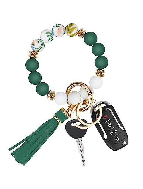 Manlosen Key Ring Bracelet Car Keychain Holder Wristlet Silicone Beaded Bangle Chains for Women