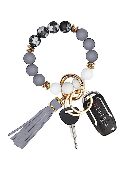 Manlosen Key Ring Bracelet Car Keychain Holder Wristlet Silicone Beaded Bangle Chains for Women