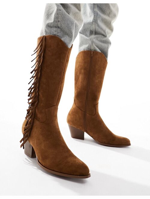 ASOS DESIGN western cowboy boot in faux suede with tassel detail in brown