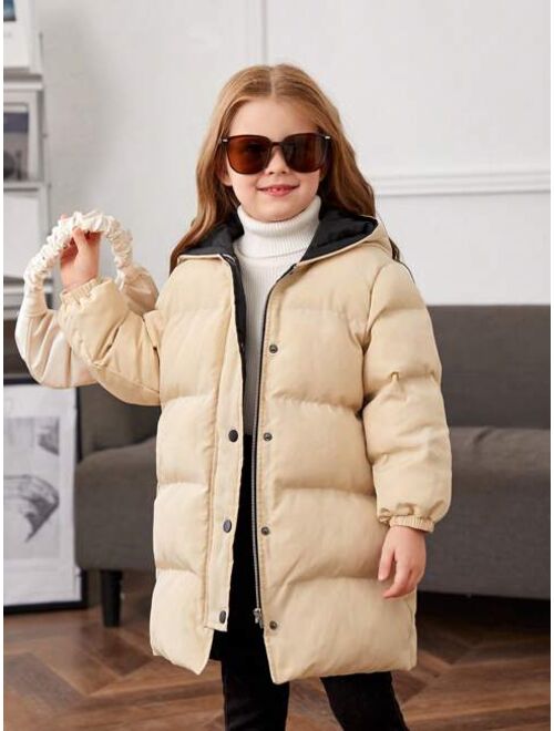 SHEIN Little Girls' Solid Color Hooded Loose Thick Mid-long -padded Coat