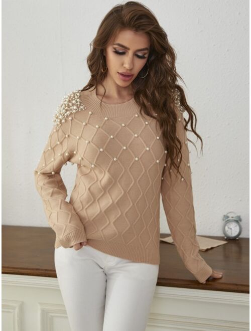 SHEIN Mulvari Solid Pearl Rib Knit Sweater