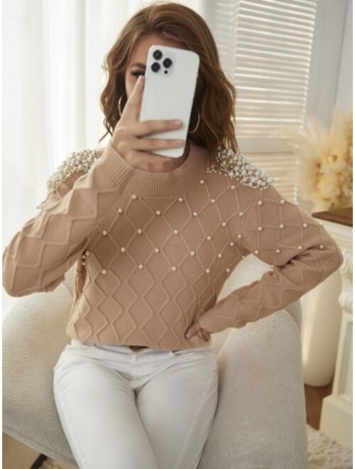 SHEIN Mulvari Solid Pearl Rib Knit Sweater