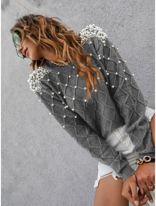 SHEIN Mulvari Solid Pearl Rib Knit Sweater