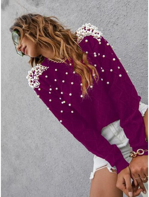 SHEIN Mulvari Solid Pearl Rib Knit Sweater