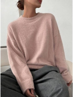 Drop Shoulder Fluffy Knit Sweater