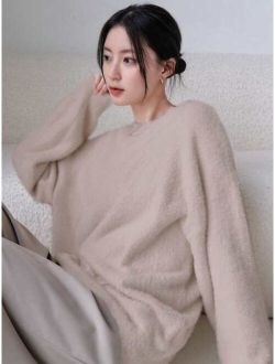 Drop Shoulder Fluffy Knit Sweater