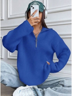 Half Zip Ribbed Knit Drop Shoulder Sweater