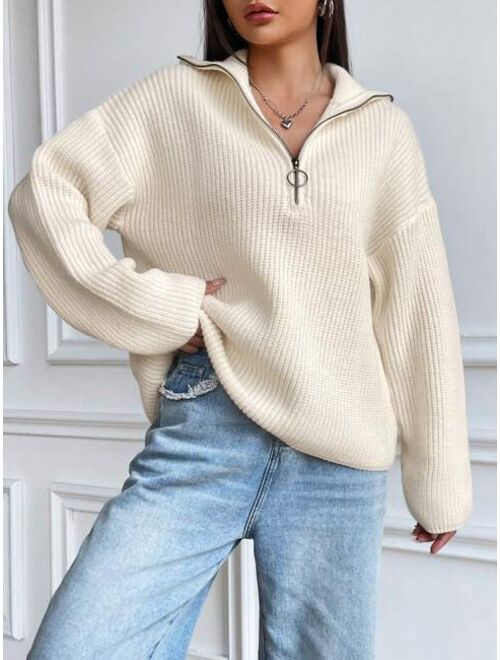 Half Zip Ribbed Knit Drop Shoulder Sweater