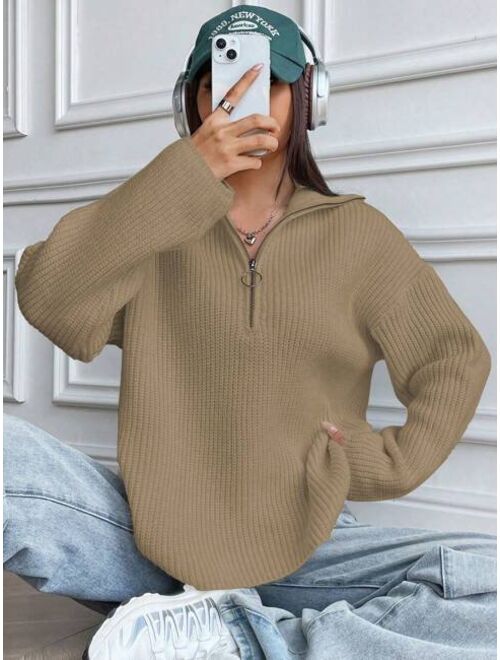 Half Zip Ribbed Knit Drop Shoulder Sweater