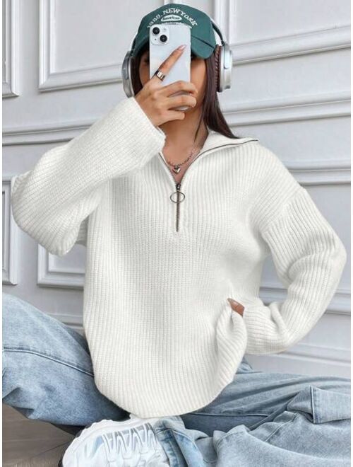 Half Zip Ribbed Knit Drop Shoulder Sweater