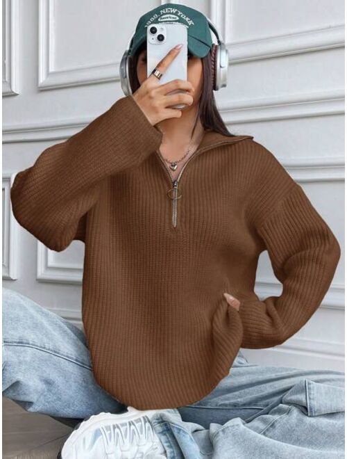 Half Zip Ribbed Knit Drop Shoulder Sweater