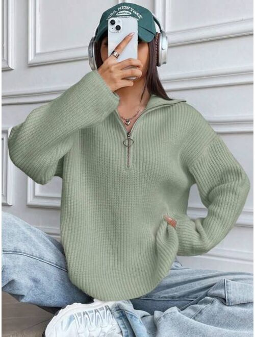 Half Zip Ribbed Knit Drop Shoulder Sweater