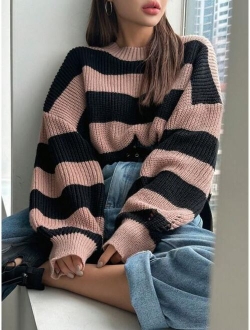 Striped Pattern Drop Shoulder Sweater