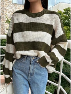 Striped Pattern Drop Shoulder Sweater