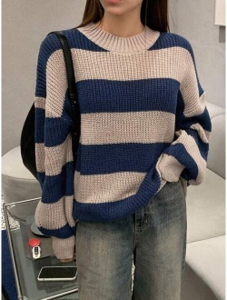 Striped Pattern Drop Shoulder Sweater