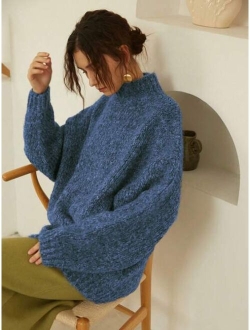 Knit Mix Mock Neck Drop Shoulder Sweater