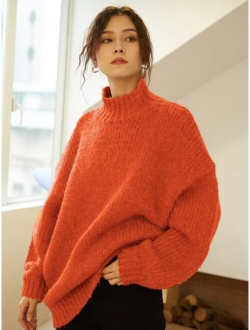 Knit Mix Mock Neck Drop Shoulder Sweater