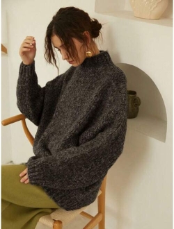 Knit Mix Mock Neck Drop Shoulder Sweater