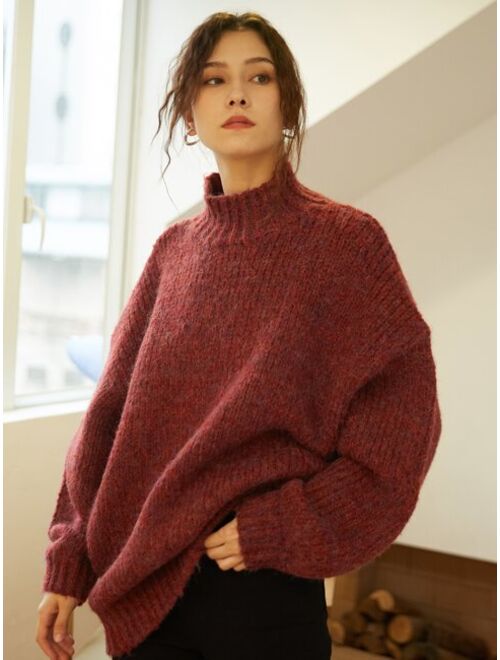 Knit Mix Mock Neck Drop Shoulder Sweater