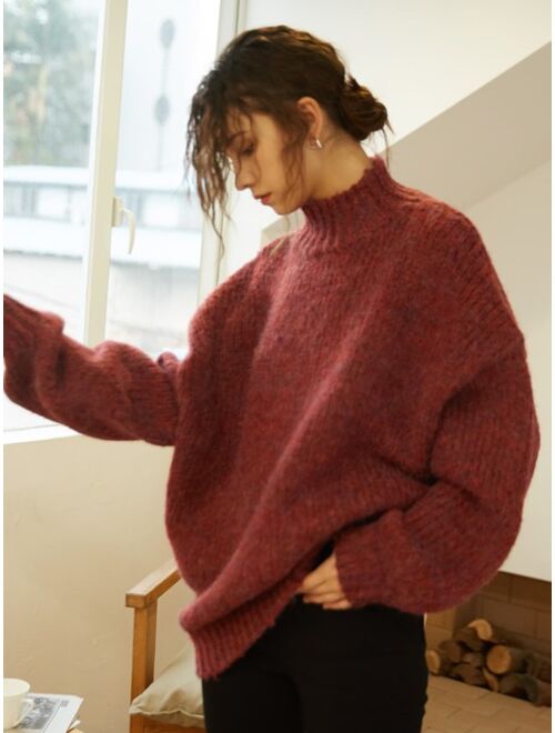 Knit Mix Mock Neck Drop Shoulder Sweater