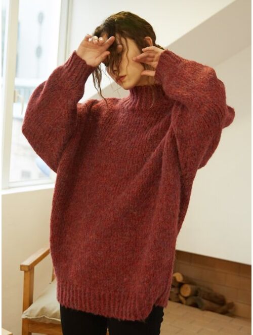 Knit Mix Mock Neck Drop Shoulder Sweater