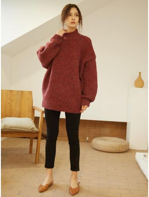 Knit Mix Mock Neck Drop Shoulder Sweater