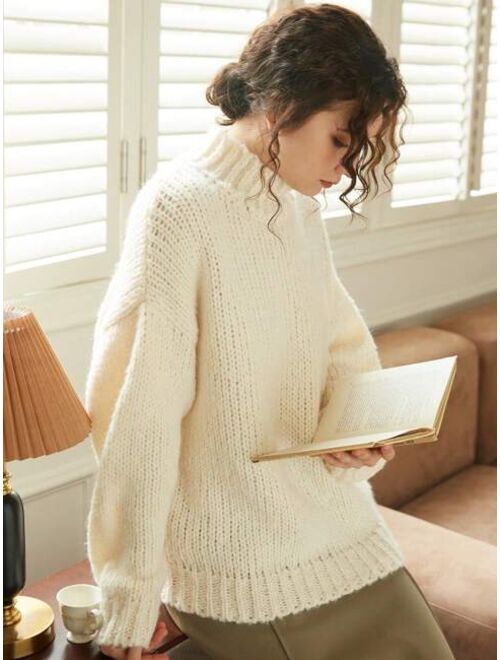 Knit Mix Mock Neck Drop Shoulder Sweater