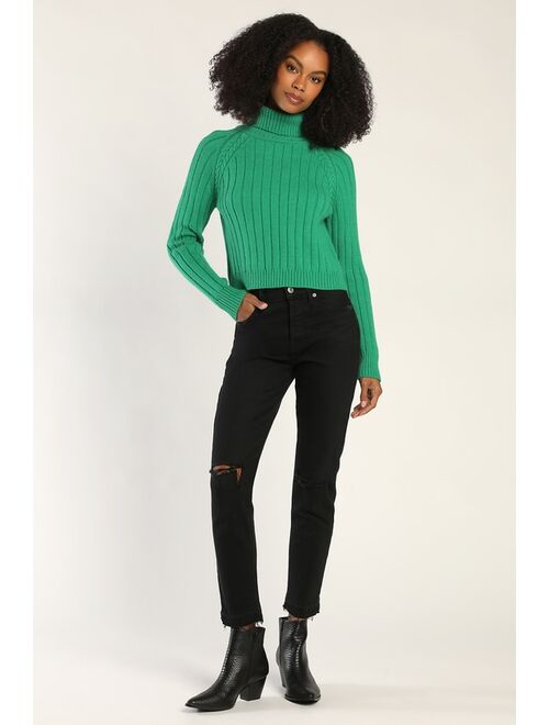 Lulus Celebrate Style Green Ribbed Cropped Turtleneck Sweater