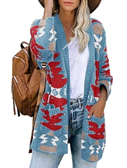 FERBIA Women Boho Cardigan Aztec Open Front Loose Slouchy Sweaters Tribal Long Sleeve Knitted Christmas Jacket Coat