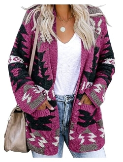 FERBIA Women Boho Cardigan Aztec Open Front Loose Slouchy Sweaters Tribal Long Sleeve Knitted Christmas Jacket Coat