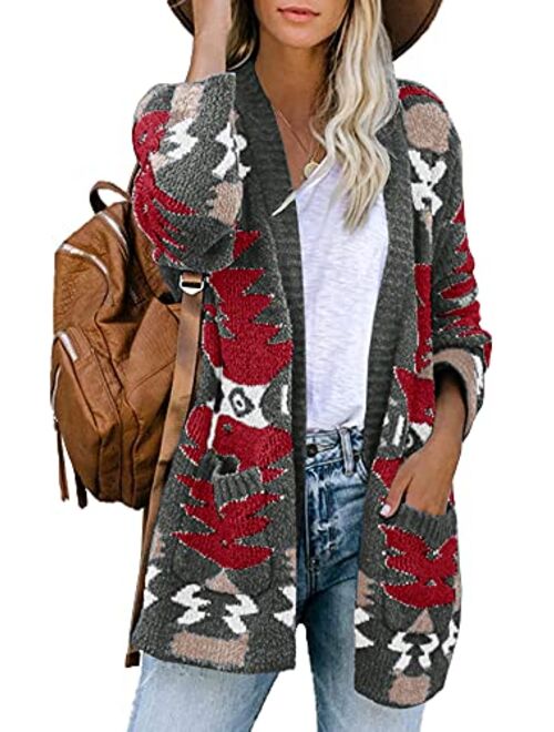 FERBIA Women Boho Cardigan Aztec Open Front Loose Slouchy Sweaters Tribal Long Sleeve Knitted Christmas Jacket Coat