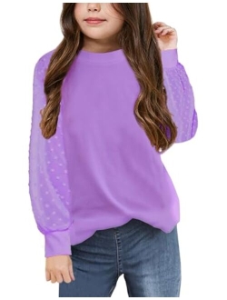 Yekaty Girls Shirts Casual Solid Color Crewneck Blouses Soft Long Sleeve Swiss Dots Chiffon Tops