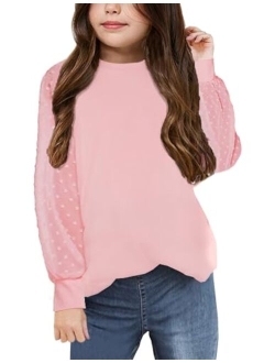 Yekaty Girls Shirts Casual Solid Color Crewneck Blouses Soft Long Sleeve Swiss Dots Chiffon Tops