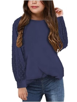 Yekaty Girls Shirts Casual Solid Color Crewneck Blouses Soft Long Sleeve Swiss Dots Chiffon Tops