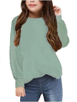 Yekaty Girls Shirts Casual Solid Color Crewneck Blouses Soft Long Sleeve Swiss Dots Chiffon Tops